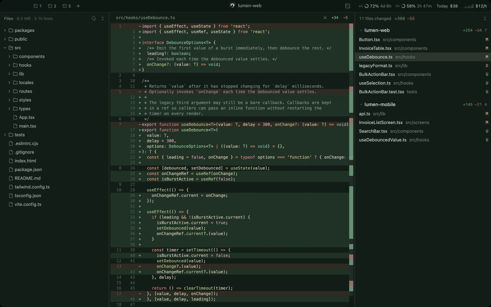 Git diff view with added and removed lines and a changed-files list across two repos