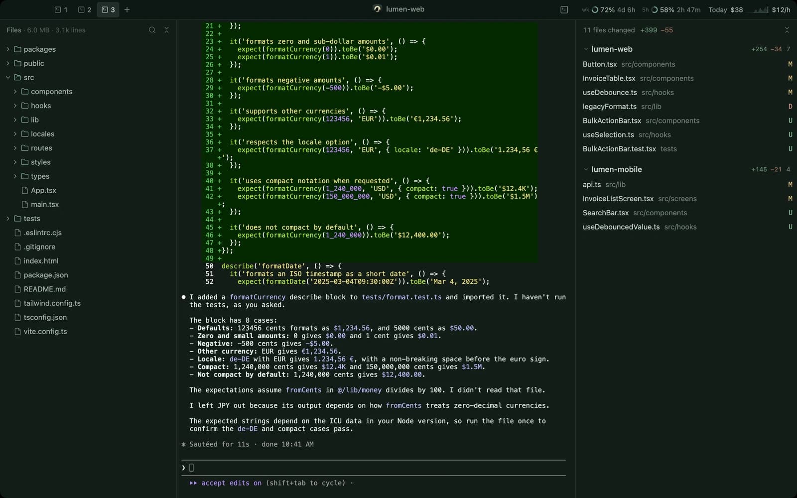 Perch window with Claude Code terminal tabs, a file tree and a list of changed files